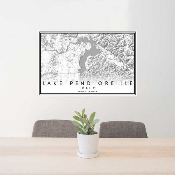 24x36 Lake Pend Oreille Idaho Map Print Lanscape Orientation in Classic Style Behind 2 Chairs Table and Potted Plant