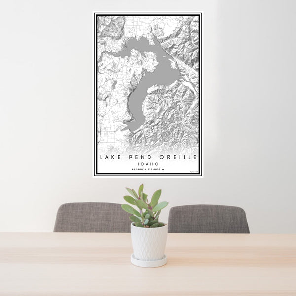 24x36 Lake Pend Oreille Idaho Map Print Portrait Orientation in Classic Style Behind 2 Chairs Table and Potted Plant