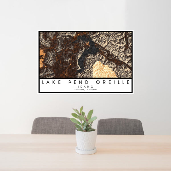 24x36 Lake Pend Oreille Idaho Map Print Lanscape Orientation in Ember Style Behind 2 Chairs Table and Potted Plant