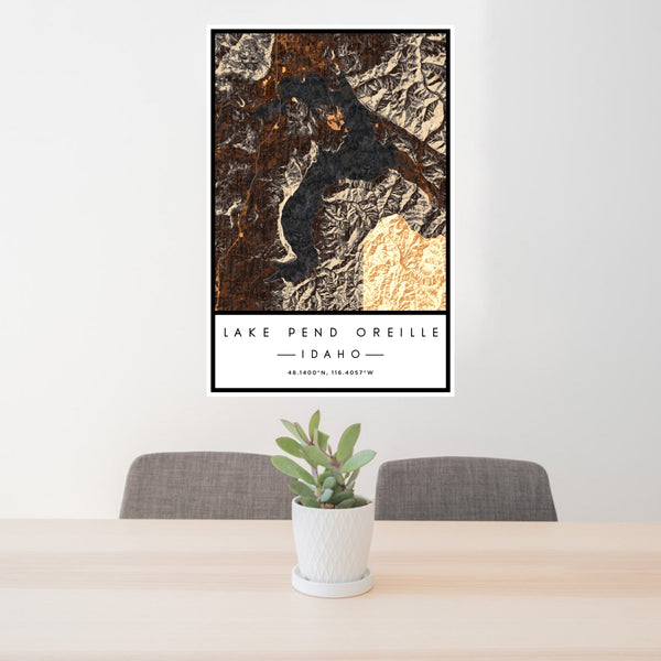 24x36 Lake Pend Oreille Idaho Map Print Portrait Orientation in Ember Style Behind 2 Chairs Table and Potted Plant