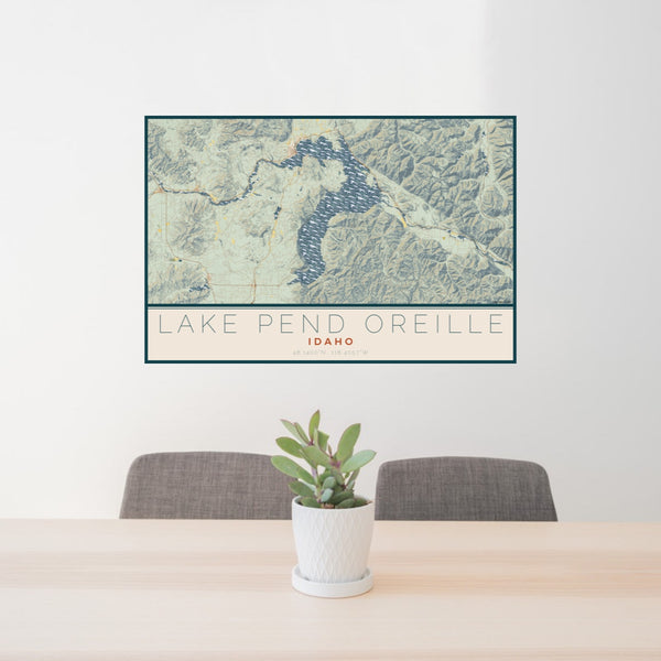 24x36 Lake Pend Oreille Idaho Map Print Lanscape Orientation in Woodblock Style Behind 2 Chairs Table and Potted Plant