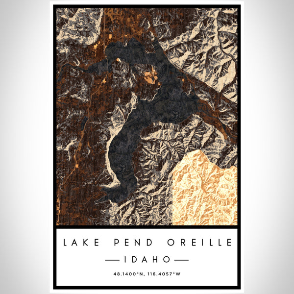 Lake Pend Oreille Idaho Map Print Portrait Orientation in Ember Style With Shaded Background