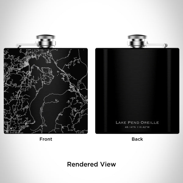 Rendered View of Lake Pend Oreille Idaho Map Engraving on 6oz Stainless Steel Flask in Black