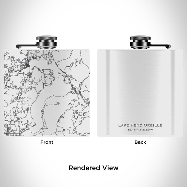Rendered View of Lake Pend Oreille Idaho Map Engraving on 6oz Stainless Steel Flask in White