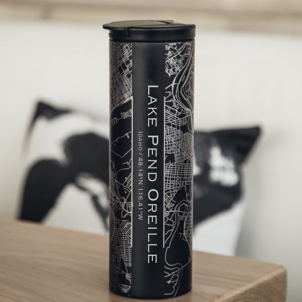 Lake Pend Oreille Idaho Custom Engraved City Map Inscription Coordinates on 17oz Stainless Steel Insulated Tumbler in Black