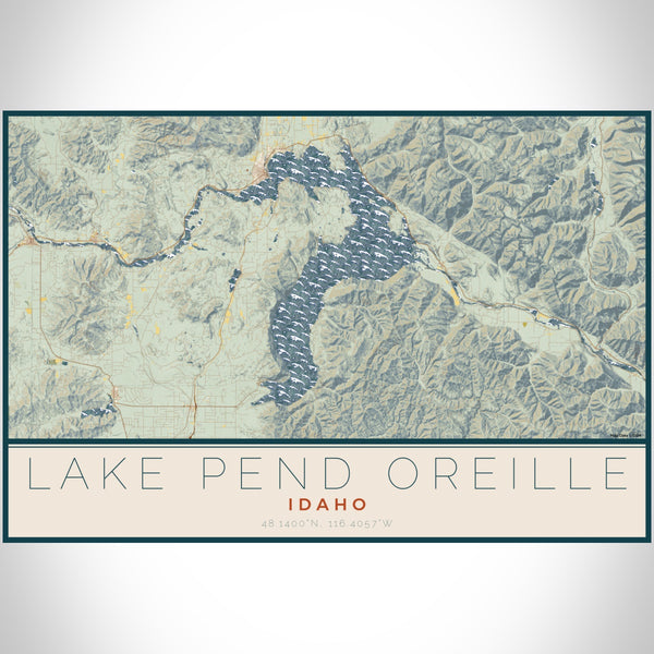 Lake Pend Oreille Idaho Map Print Landscape Orientation in Woodblock Style With Shaded Background
