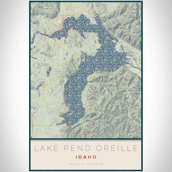Lake Pend Oreille Idaho Map Print Portrait Orientation in Woodblock Style With Shaded Background
