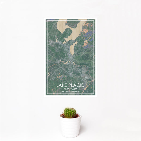 12x18 Lake Placid New York Map Print Portrait Orientation in Afternoon Style With Small Cactus Plant in White Planter