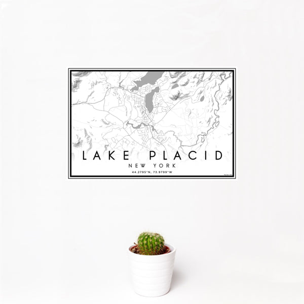 12x18 Lake Placid New York Map Print Landscape Orientation in Classic Style With Small Cactus Plant in White Planter
