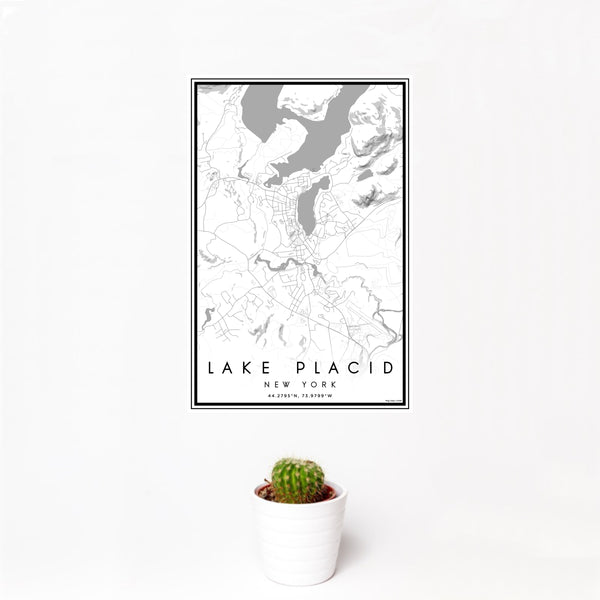 12x18 Lake Placid New York Map Print Portrait Orientation in Classic Style With Small Cactus Plant in White Planter
