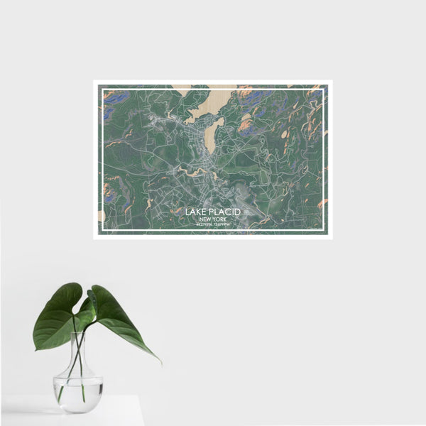 16x24 Lake Placid New York Map Print Landscape Orientation in Afternoon Style With Tropical Plant Leaves in Water