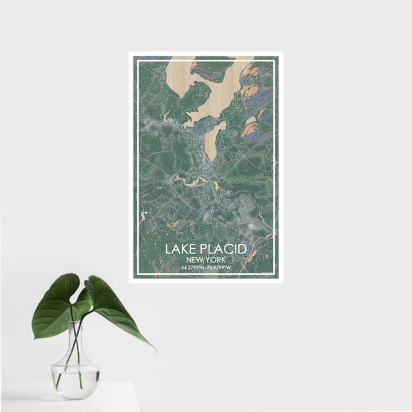 16x24 Lake Placid New York Map Print Portrait Orientation in Afternoon Style With Tropical Plant Leaves in Water