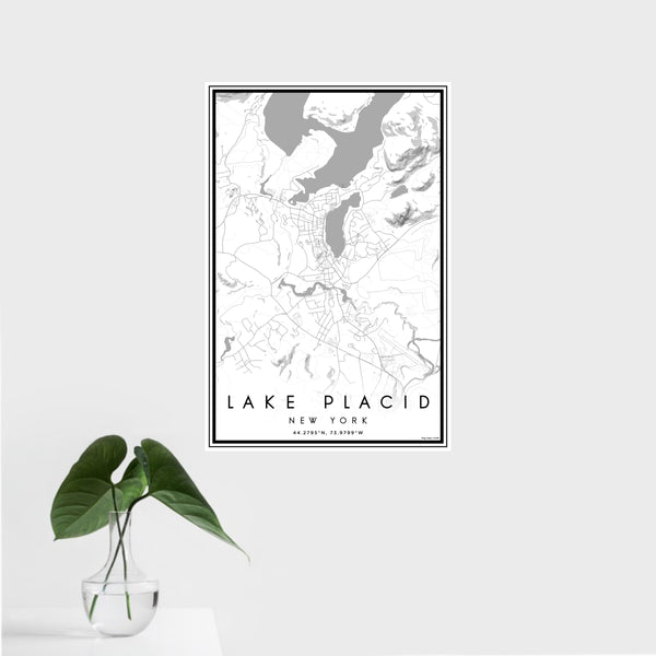 16x24 Lake Placid New York Map Print Portrait Orientation in Classic Style With Tropical Plant Leaves in Water