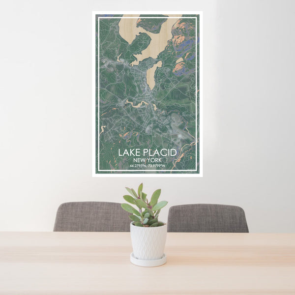 24x36 Lake Placid New York Map Print Portrait Orientation in Afternoon Style Behind 2 Chairs Table and Potted Plant