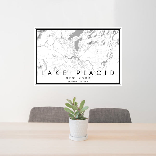 24x36 Lake Placid New York Map Print Lanscape Orientation in Classic Style Behind 2 Chairs Table and Potted Plant