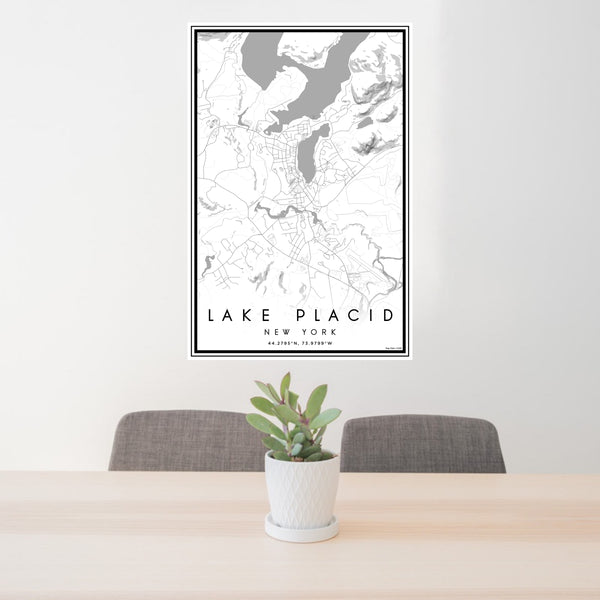 24x36 Lake Placid New York Map Print Portrait Orientation in Classic Style Behind 2 Chairs Table and Potted Plant