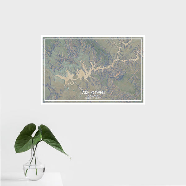 16x24 Lake Powell Arizona Map Print Landscape Orientation in Afternoon Style With Tropical Plant Leaves in Water