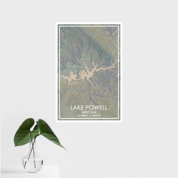16x24 Lake Powell Arizona Map Print Portrait Orientation in Afternoon Style With Tropical Plant Leaves in Water