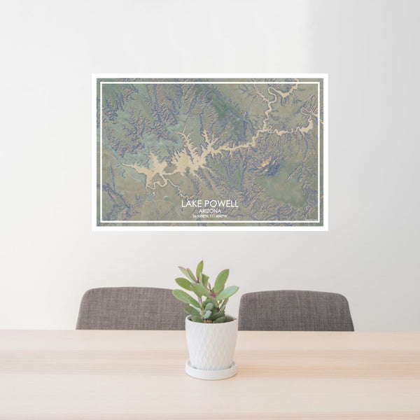 24x36 Lake Powell Arizona Map Print Lanscape Orientation in Afternoon Style Behind 2 Chairs Table and Potted Plant