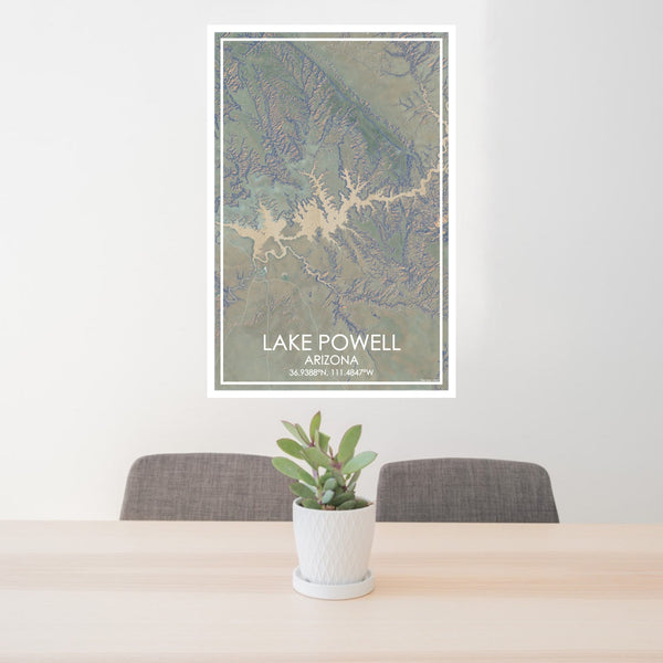24x36 Lake Powell Arizona Map Print Portrait Orientation in Afternoon Style Behind 2 Chairs Table and Potted Plant