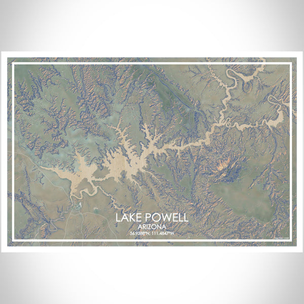 Lake Powell Arizona Map Print Landscape Orientation in Afternoon Style With Shaded Background