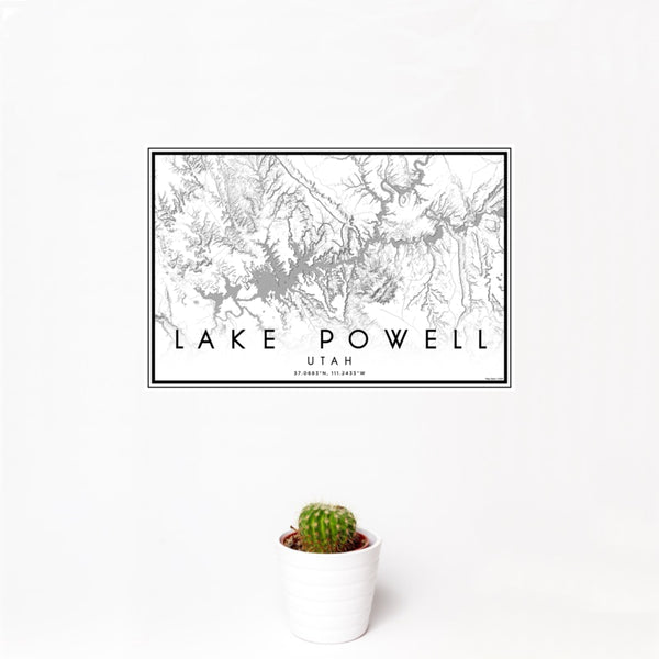 12x18 Lake Powell Utah Map Print Landscape Orientation in Classic Style With Small Cactus Plant in White Planter