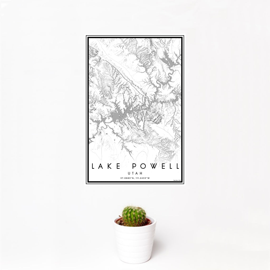 12x18 Lake Powell Utah Map Print Portrait Orientation in Classic Style With Small Cactus Plant in White Planter