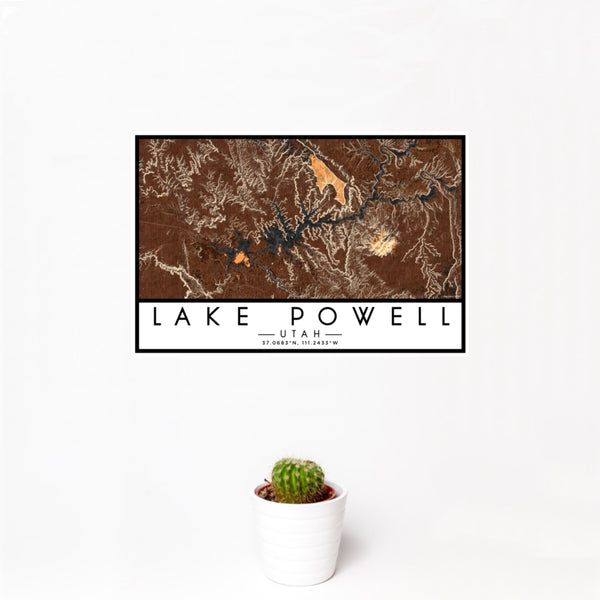 12x18 Lake Powell Utah Map Print Landscape Orientation in Ember Style With Small Cactus Plant in White Planter