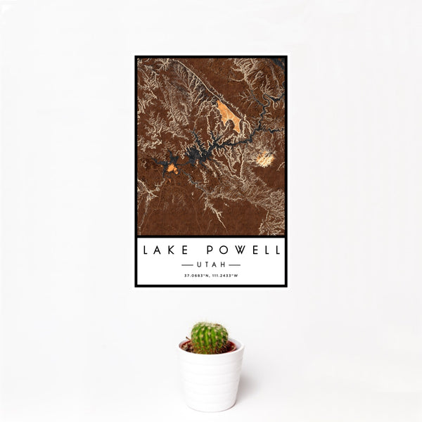 12x18 Lake Powell Utah Map Print Portrait Orientation in Ember Style With Small Cactus Plant in White Planter