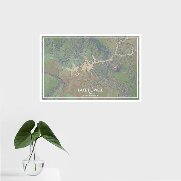 16x24 Lake Powell Utah Map Print Landscape Orientation in Afternoon Style With Tropical Plant Leaves in Water
