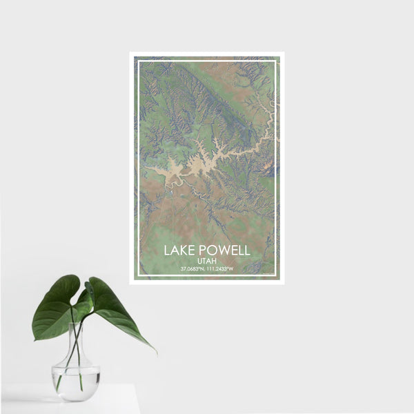16x24 Lake Powell Utah Map Print Portrait Orientation in Afternoon Style With Tropical Plant Leaves in Water