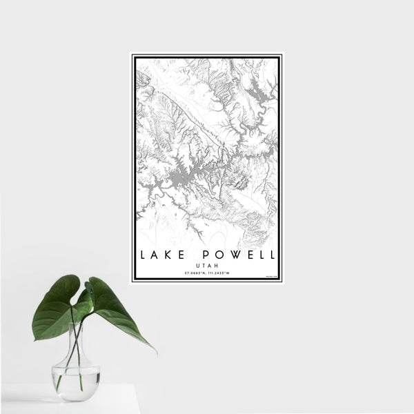 16x24 Lake Powell Utah Map Print Portrait Orientation in Classic Style With Tropical Plant Leaves in Water