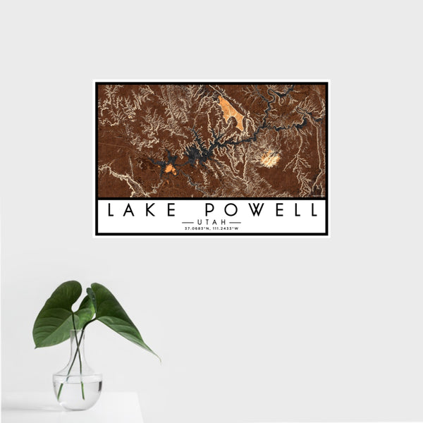16x24 Lake Powell Utah Map Print Landscape Orientation in Ember Style With Tropical Plant Leaves in Water