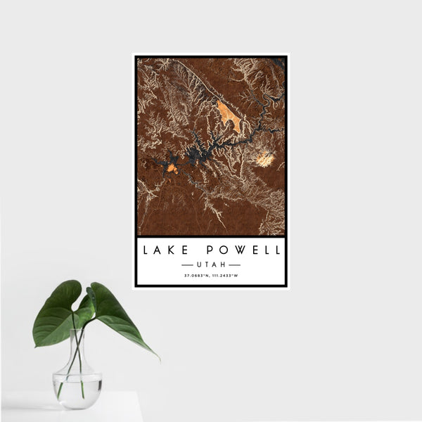 16x24 Lake Powell Utah Map Print Portrait Orientation in Ember Style With Tropical Plant Leaves in Water