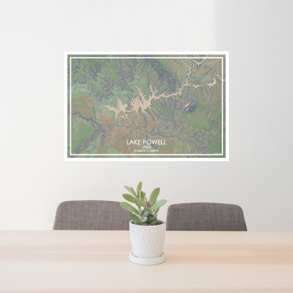 24x36 Lake Powell Utah Map Print Lanscape Orientation in Afternoon Style Behind 2 Chairs Table and Potted Plant