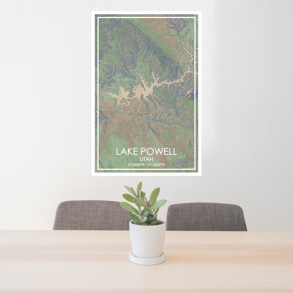 24x36 Lake Powell Utah Map Print Portrait Orientation in Afternoon Style Behind 2 Chairs Table and Potted Plant