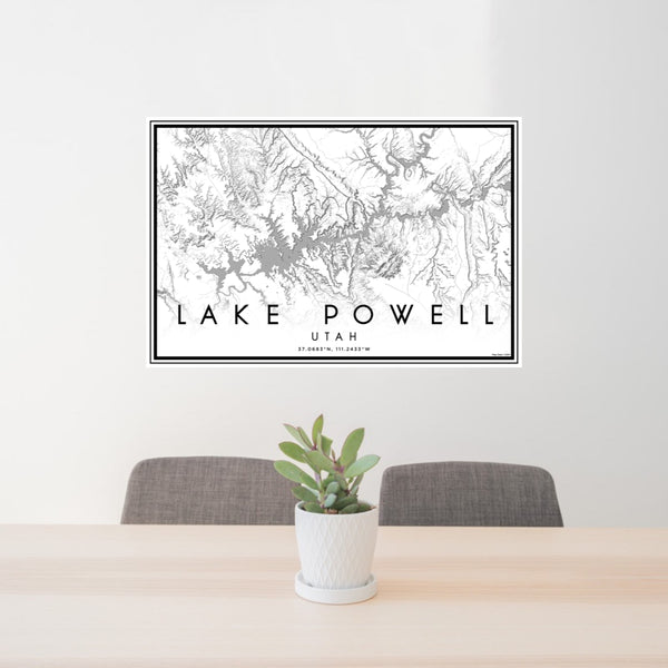 24x36 Lake Powell Utah Map Print Lanscape Orientation in Classic Style Behind 2 Chairs Table and Potted Plant