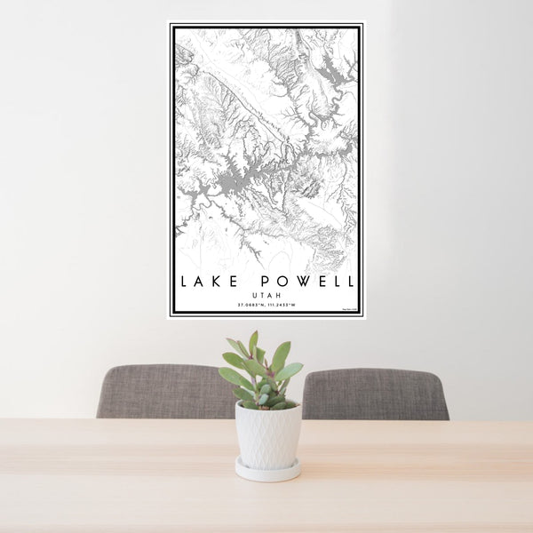 24x36 Lake Powell Utah Map Print Portrait Orientation in Classic Style Behind 2 Chairs Table and Potted Plant