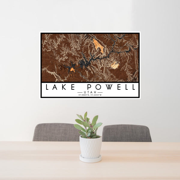24x36 Lake Powell Utah Map Print Lanscape Orientation in Ember Style Behind 2 Chairs Table and Potted Plant