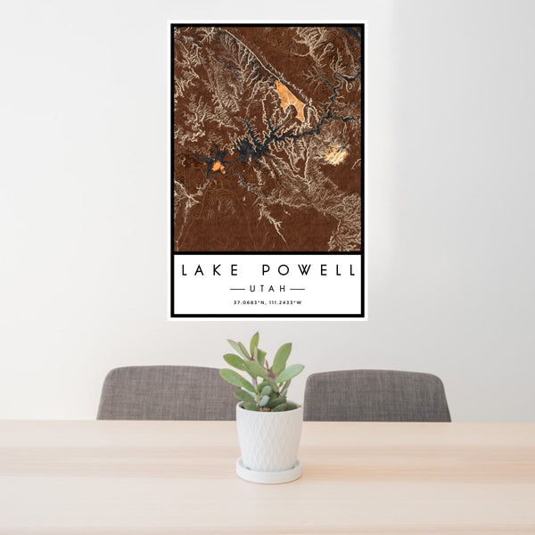 24x36 Lake Powell Utah Map Print Portrait Orientation in Ember Style Behind 2 Chairs Table and Potted Plant
