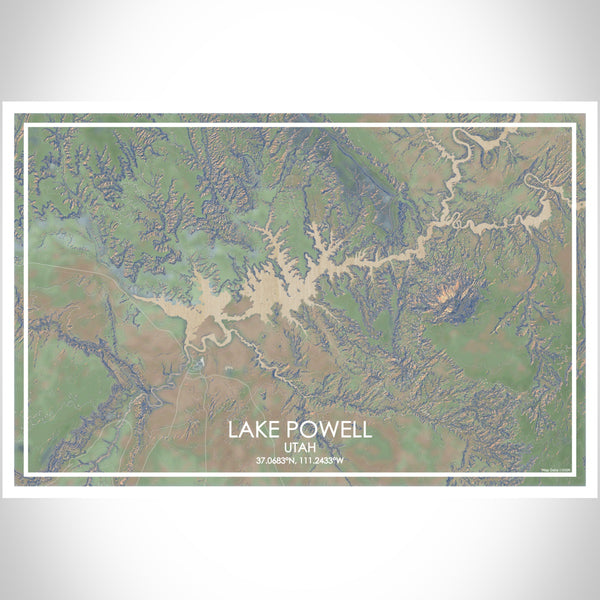 Lake Powell Utah Map Print Landscape Orientation in Afternoon Style With Shaded Background