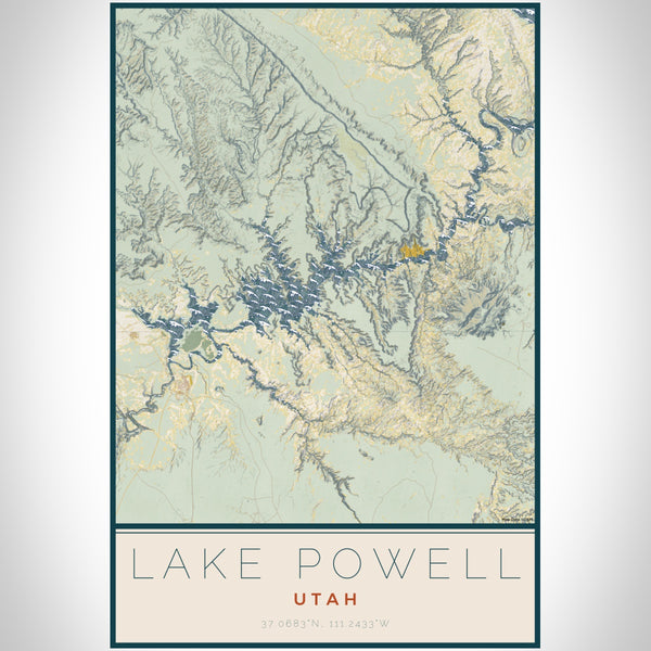 Lake Powell Utah Map Print Portrait Orientation in Woodblock Style With Shaded Background