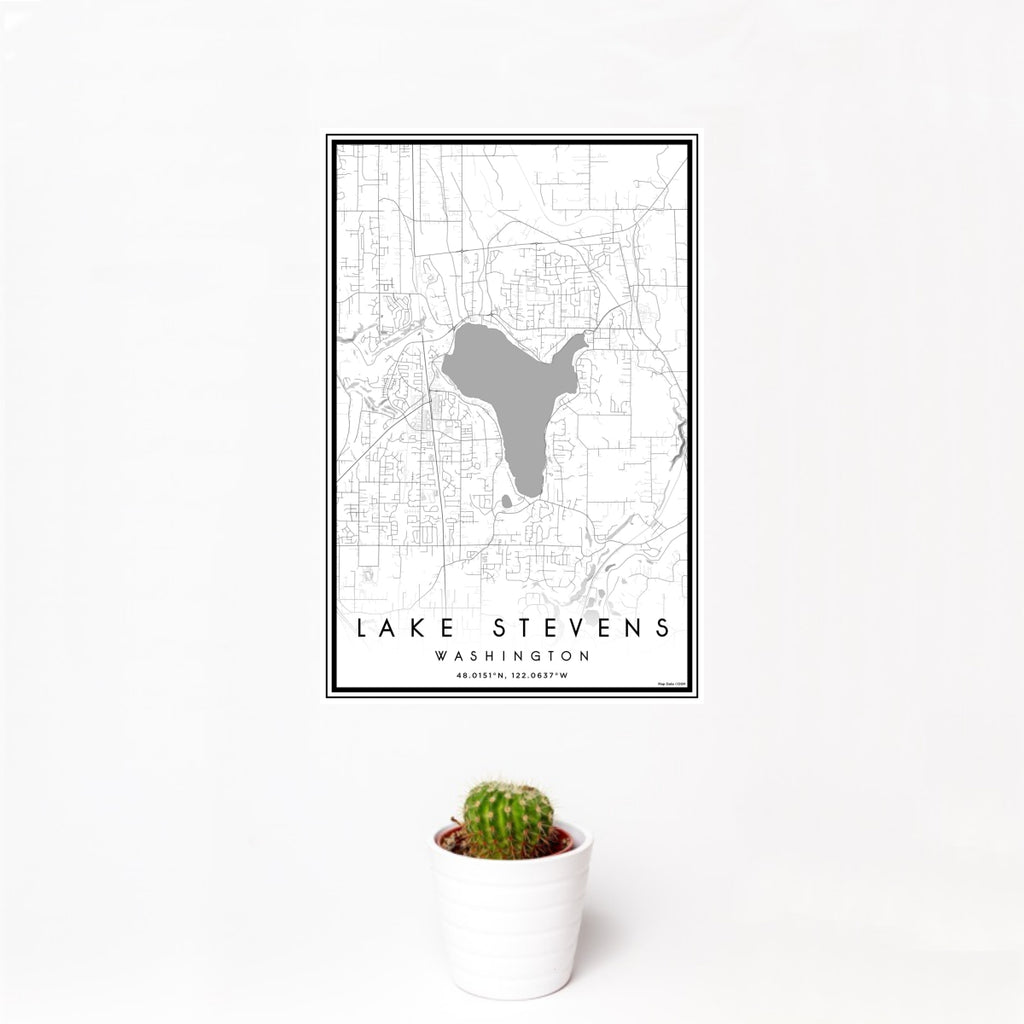 12x18 Lake Stevens Washington Map Print Portrait Orientation in Classic Style With Small Cactus Plant in White Planter