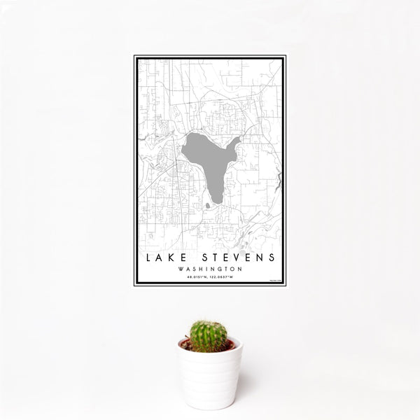 12x18 Lake Stevens Washington Map Print Portrait Orientation in Classic Style With Small Cactus Plant in White Planter