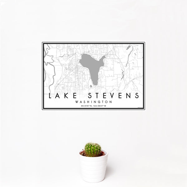 12x18 Lake Stevens Washington Map Print Landscape Orientation in Classic Style With Small Cactus Plant in White Planter