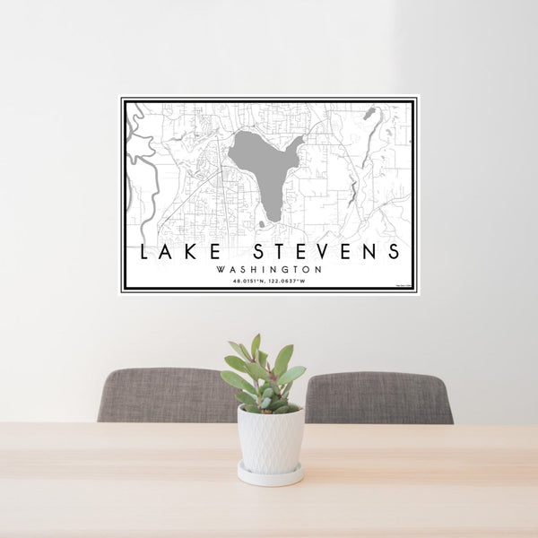 24x36 Lake Stevens Washington Map Print Landscape Orientation in Classic Style Behind 2 Chairs Table and Potted Plant