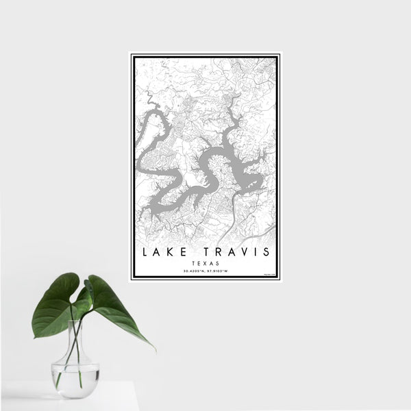 16x24 Lake Travis Texas Map Print Portrait Orientation in Classic Style With Tropical Plant Leaves in Water