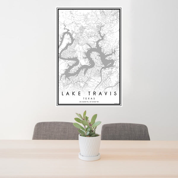 24x36 Lake Travis Texas Map Print Portrait Orientation in Classic Style Behind 2 Chairs Table and Potted Plant
