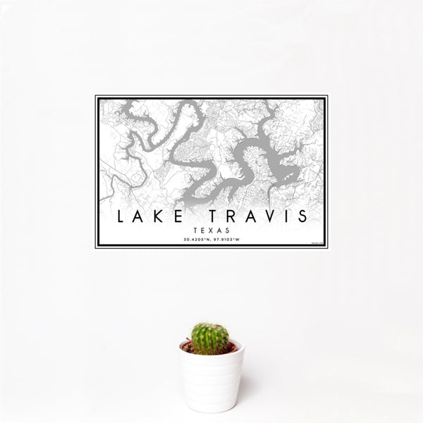 12x18 Lake Travis Texas Map Print Landscape Orientation in Classic Style With Small Cactus Plant in White Planter