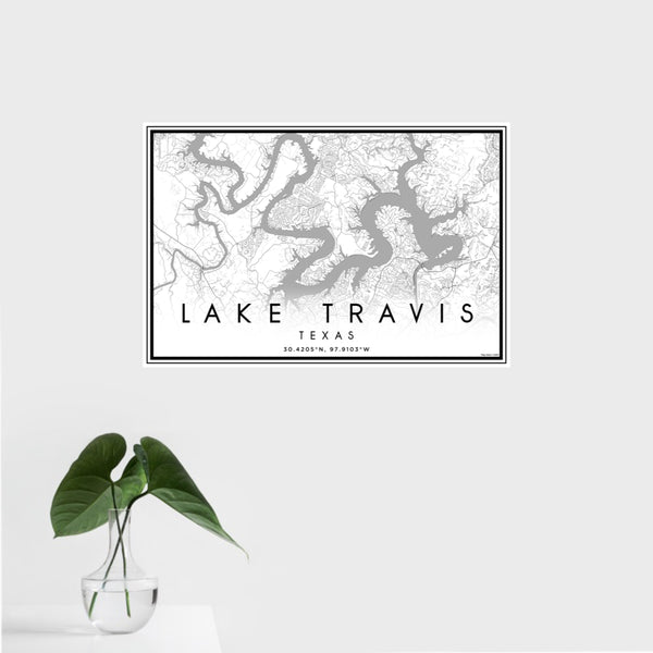 16x24 Lake Travis Texas Map Print Landscape Orientation in Classic Style With Tropical Plant Leaves in Water